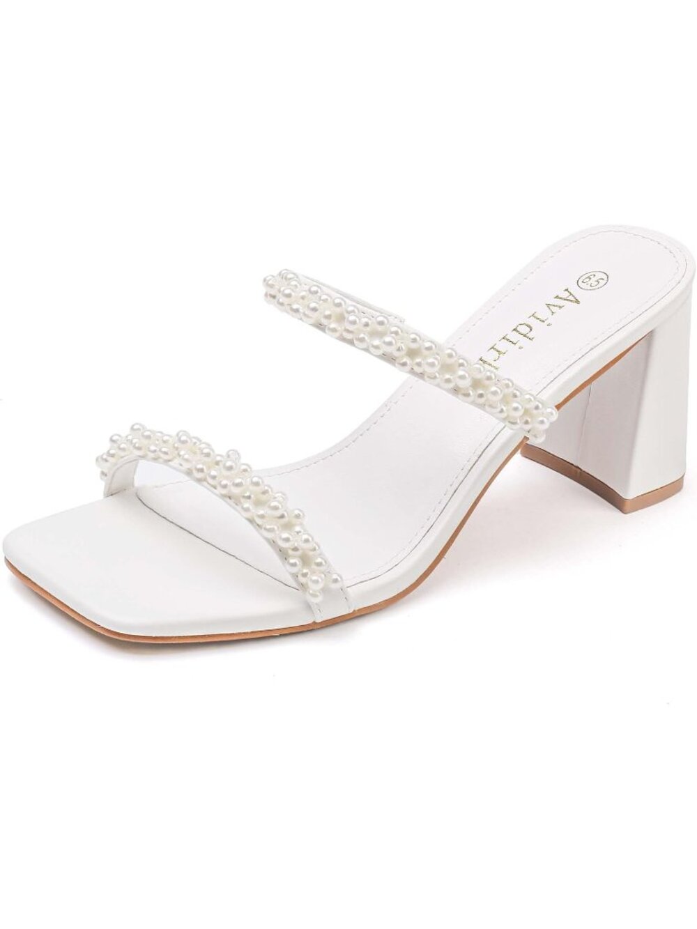 Women's White Leather Two Strap Mules Slip On Square Open Toe Heeled Sandals